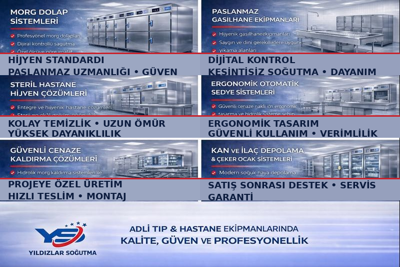 Yıldızlar Soğutma; morg sistemleri, otopsi masaları, gasil–teneșir masaları ve paslanmaz ekipmanlarda hijyenik, dayanıklı ve kurumsal çözümler sunar.